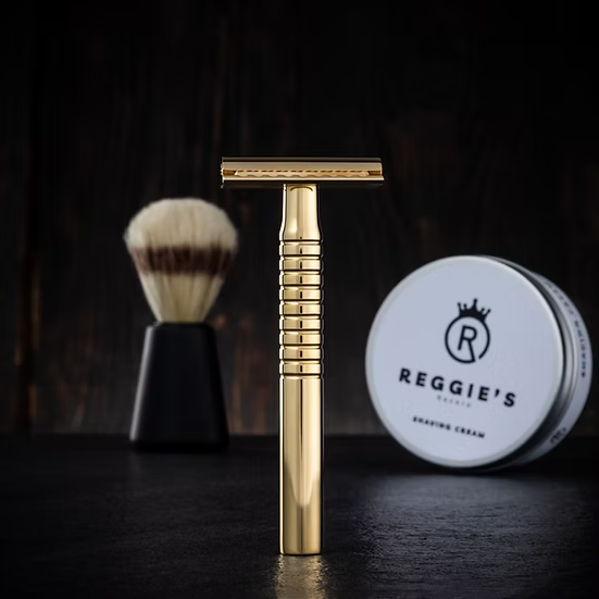 Reggie's Jupiter Brass Set Rasatura Rasoio Lamette Crema
